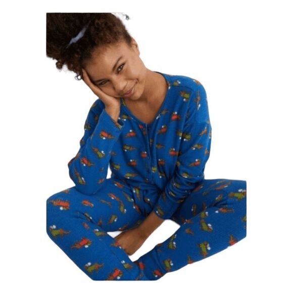 Aerie Dachshund Print Pajama Leggings Blue Waffle Knit Lounge Pants Jogger S - Picture 2 of 10